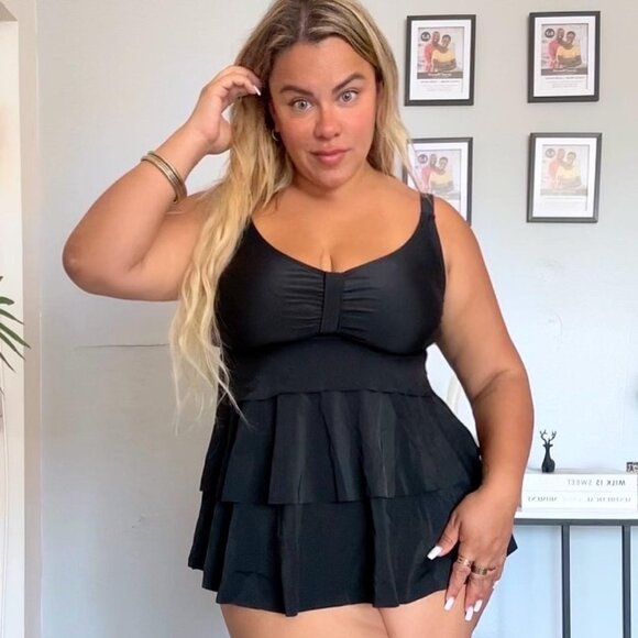 Women's Plus Size Two Piece Tankini Swimsuits Tummy Control Ruffle Bottom Bathin - Picture 2 of 9